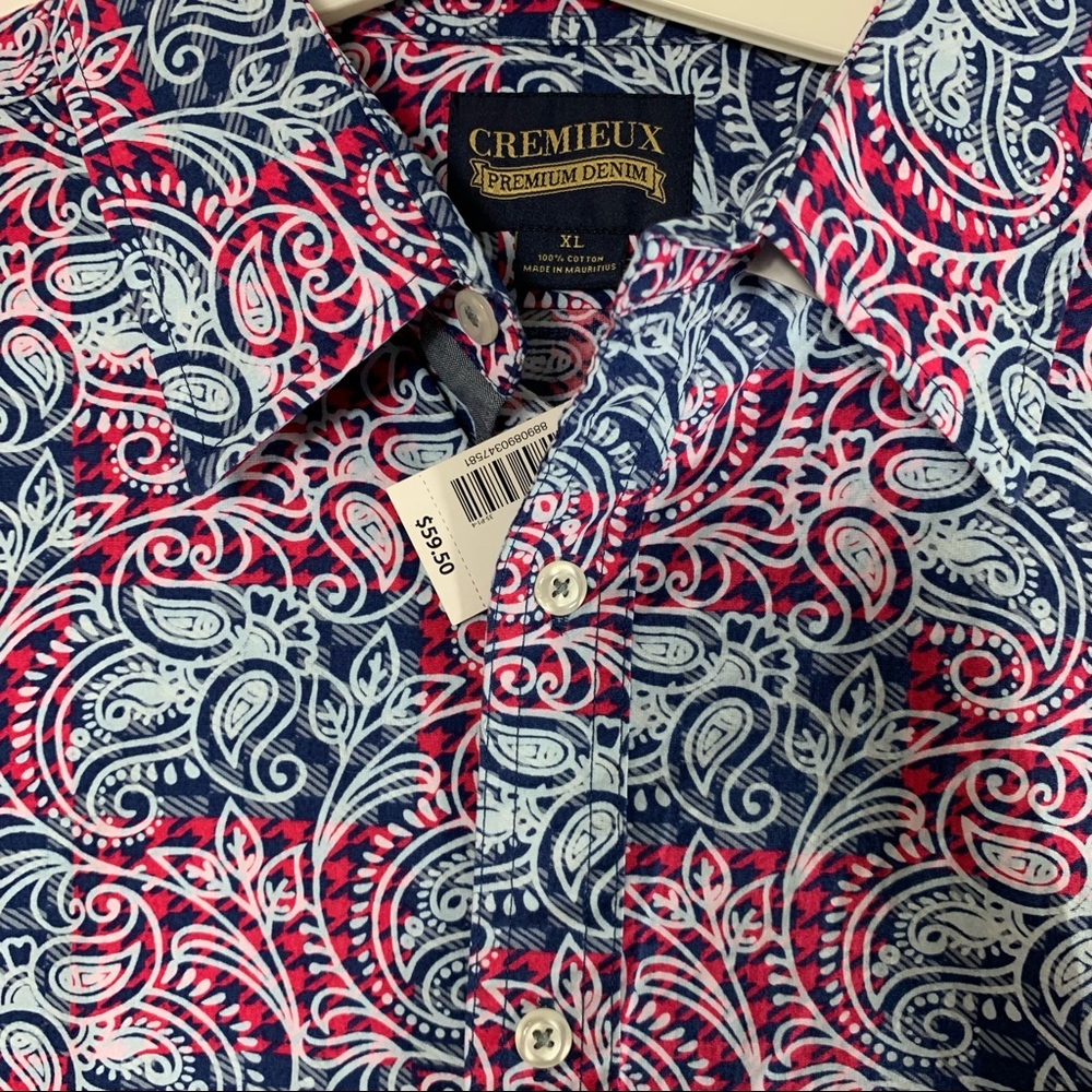 Cremieux Premium Denim Jeans Check Plaid Paisley ShortSleeve Woven Shirt Mens XL - Picture 7 of 10